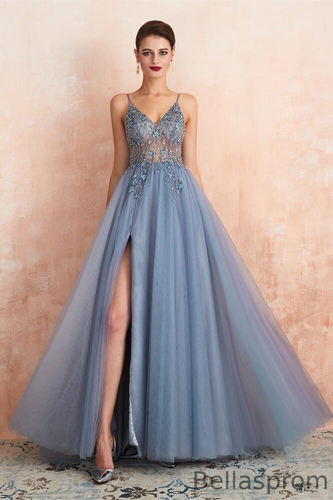 Bellasprom Spaghetti-Straps V-Neck Prom Dress Beadings SPlit Tulle Long Open Back Bellasprom
