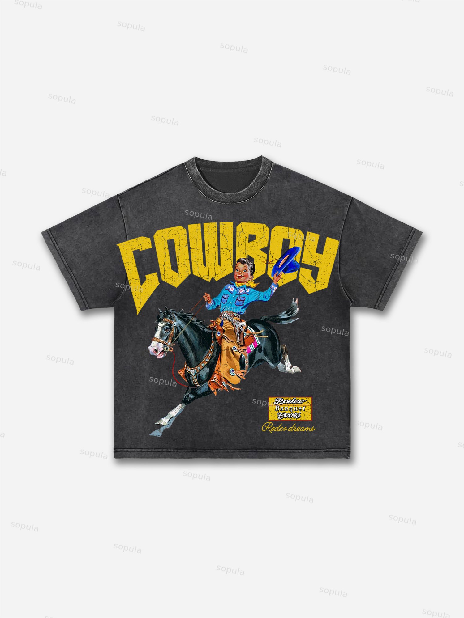 Cowboy Rodeo Dreams Print Acid Wash T-shirt