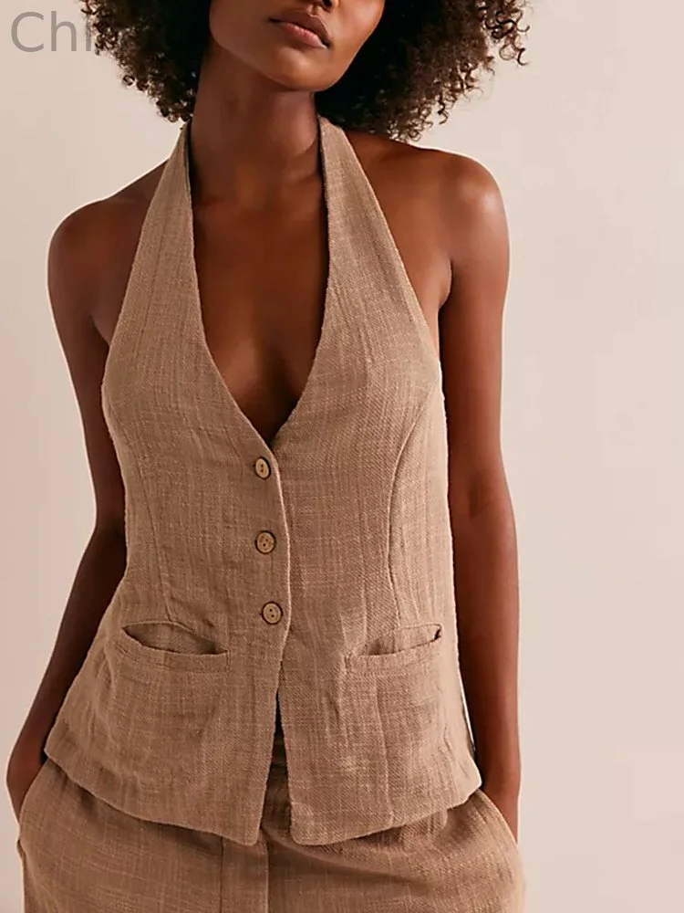 Women's Linen Tie Neck Vest