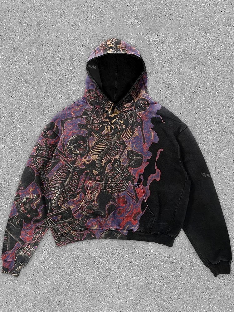 Vintage Skull Graphic Print Black Pullover Hoodie