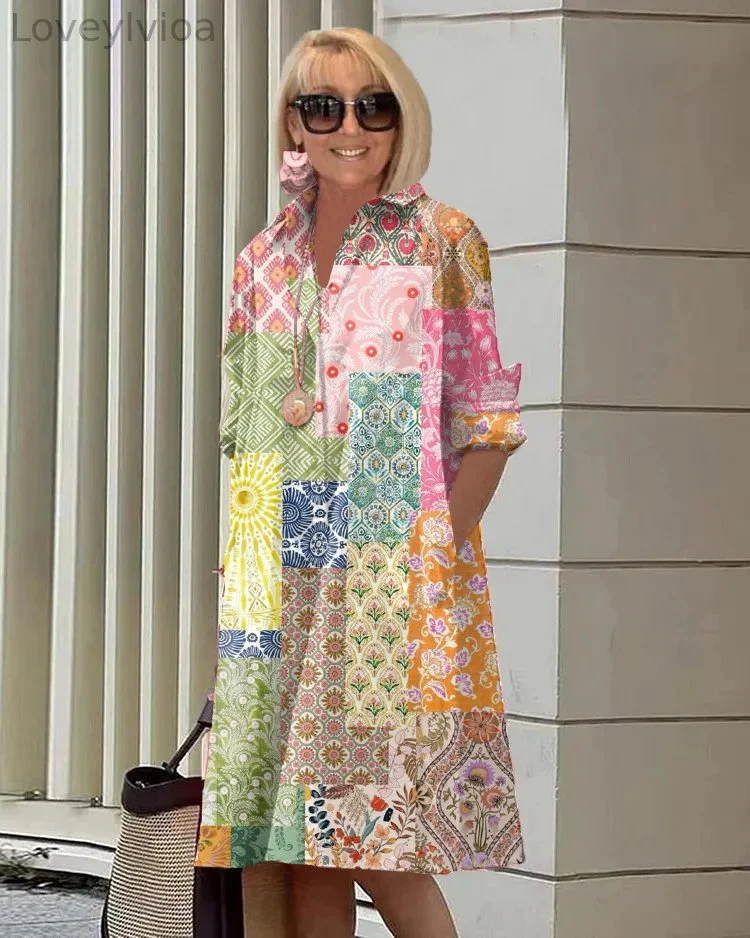 Spring and Summer Bohemian Long Sleeve Pocket Shirt Dress