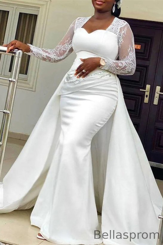 Bellasprom Long Sleeves Sweetheart Lace Mermaid Wedding Dress Satin With Overskirt Bellasprom