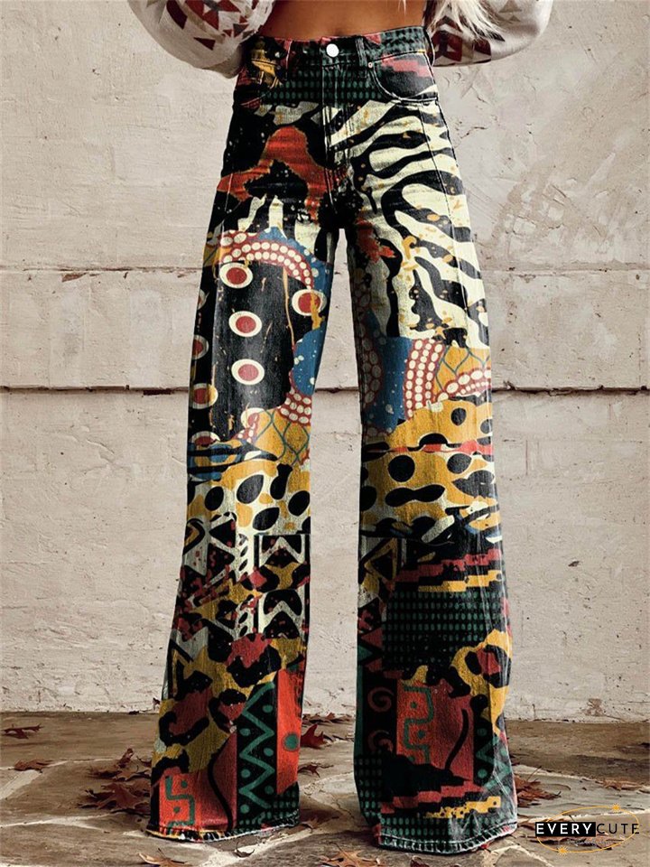 Women's New 3D Printed Flare Pants Imitation Denim Pants Jeans