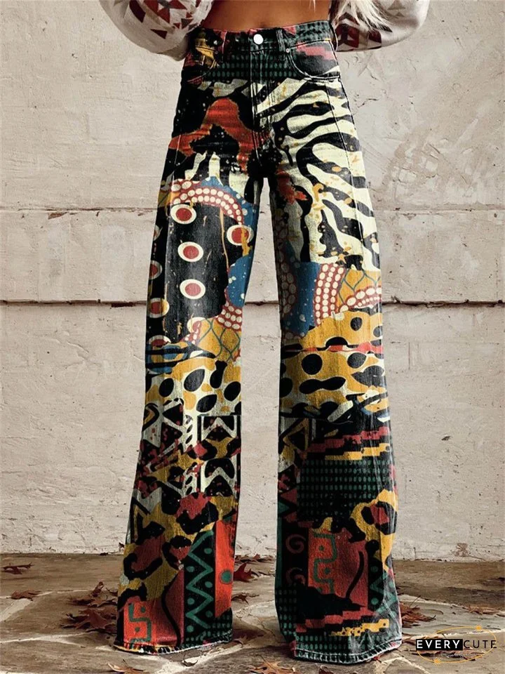 Women's New 3D Printed Flare Pants Imitation Denim Pants Jeans