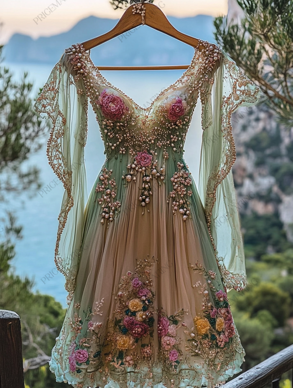 Summer Vintage Floral Beaded Dress bd86
