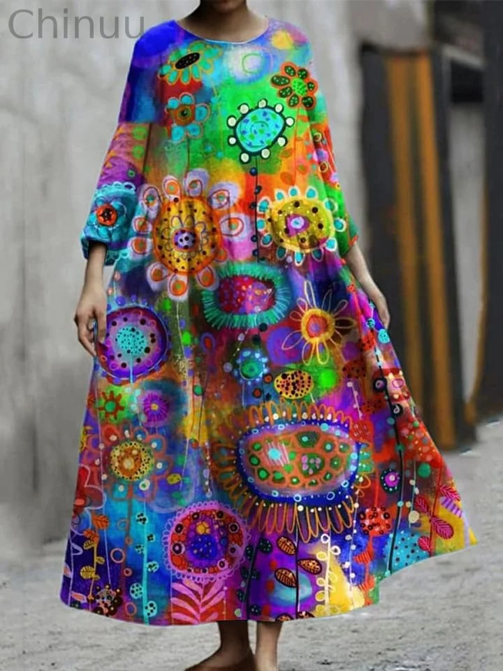 Women's Colorful Abstract Art Print Pocket Cotton Dress
