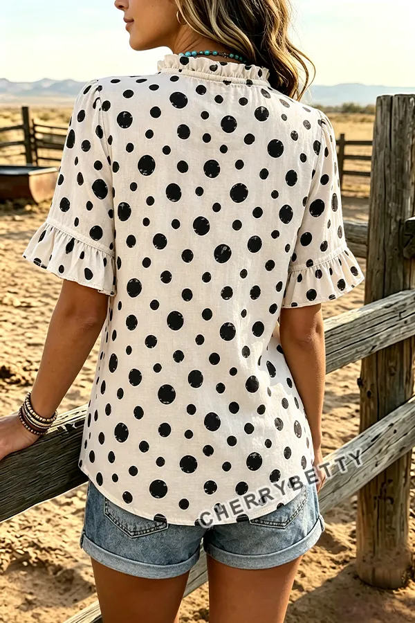 Chic Polka Dot Print V-Neck Ruffle Sleeve Blouse