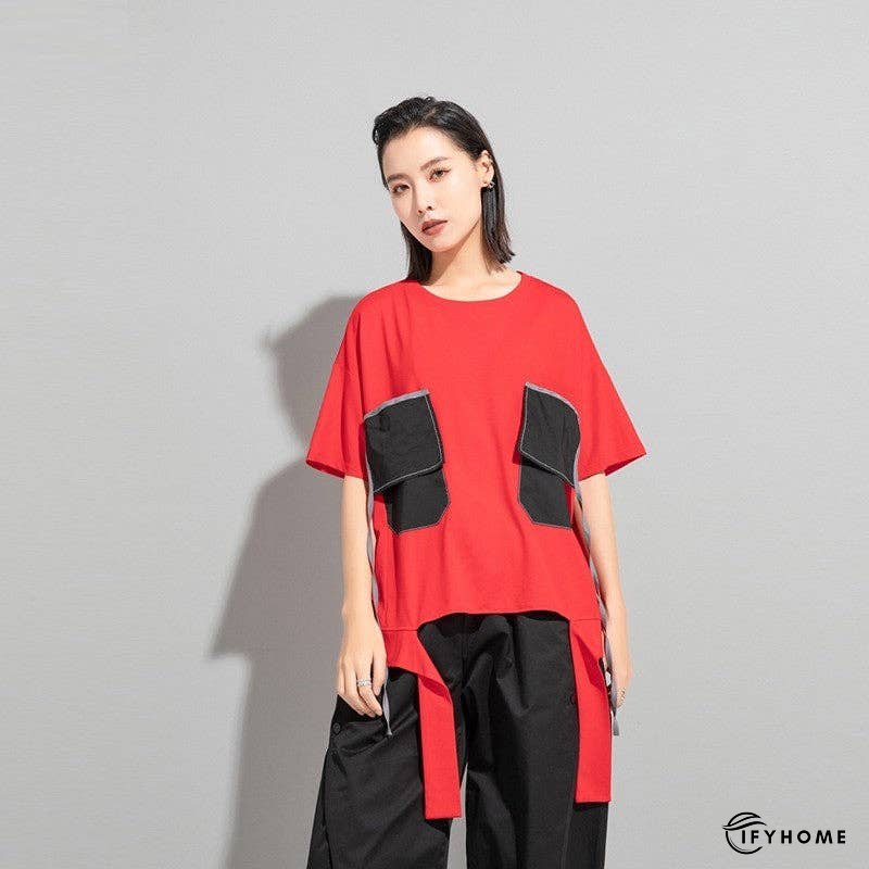 Color Block Personality Ribbon Short Sleeve T-Shirt | IFYHOME