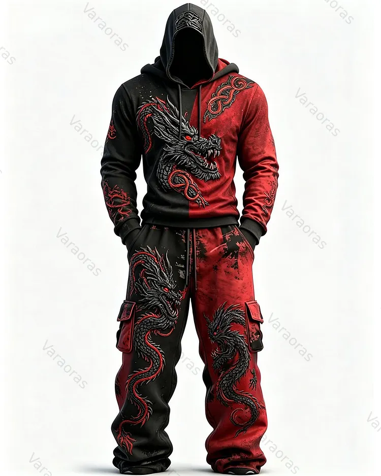 Men's Fashion Viking Contrast Color Dragon
 Embroidered Hoodie & Pants Two-Piece Set 3214
