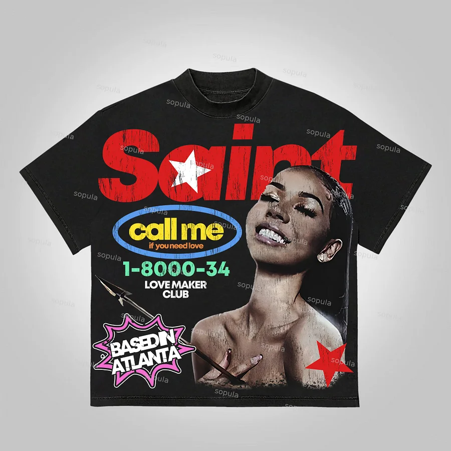 Sopula Vintage Saint Call Me If You Need Love Graphic Short T-Shirt