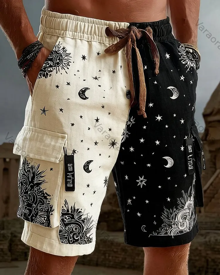 Men's Summer Fashion Star and Moon Print Embroidered Casual Linen Shorts  2532