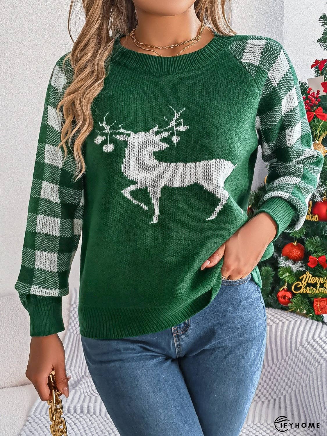 Reindeer Plaid Round Neck Long Sleeve Sweater | IFYHOME