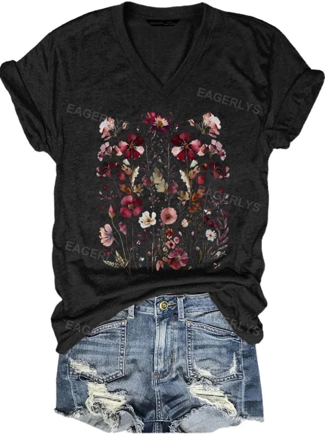 Eagerlys Whimsigoth Cottagecore Pressed Flower V-neck T-shirt Eagerlys