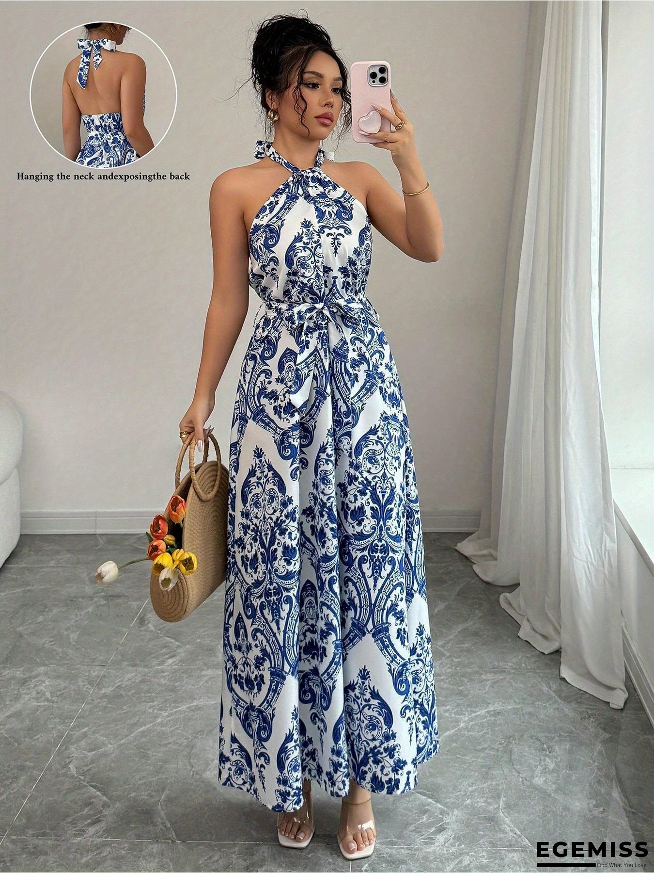 Women's Sleeveless Halter Neck Maxi Dress With Blue & White Geometric Print, Backless Design, And Ruched Waist - Perfect For Casual Or Vacation Wear, Casual Vacation Wear | Halter Neck Dress | Ruched Waist Dress | EGEMISS