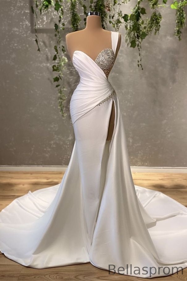 Bellasprom White One Shoulder Mermaid Evening Dress Sleeveless Split With Beads Bellasprom