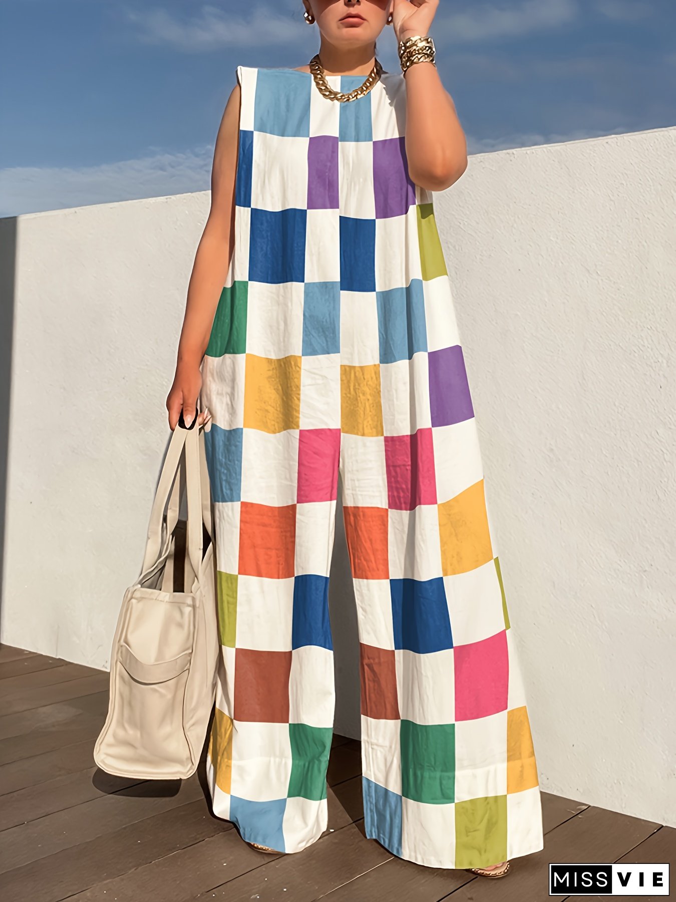 Travel, Women's Colorful Checkered Sleeveless Jumpsuit - Loose Fit, Wide Leg, Shoulder Pad, Casual Summer Fashion, Blend, Available In Multiple Sizes, Vacation Clothing|Geometric Fashion|Linen Comfort