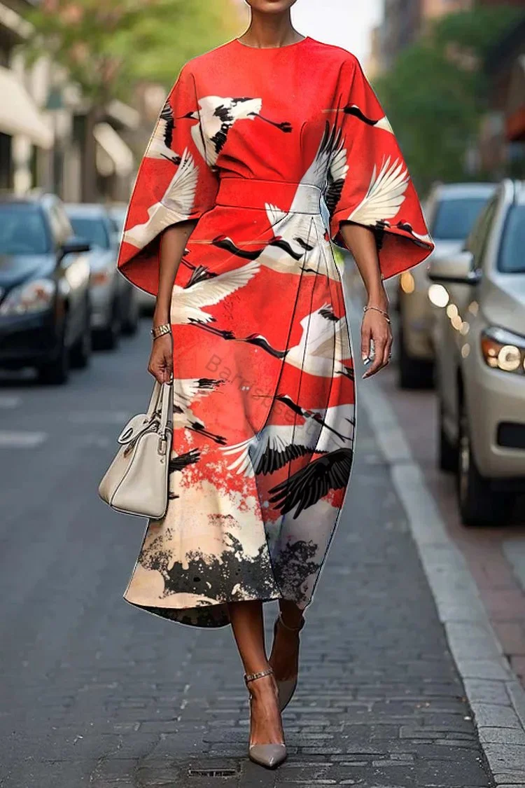 Women's Japanese Crane Art Print Midi Dress