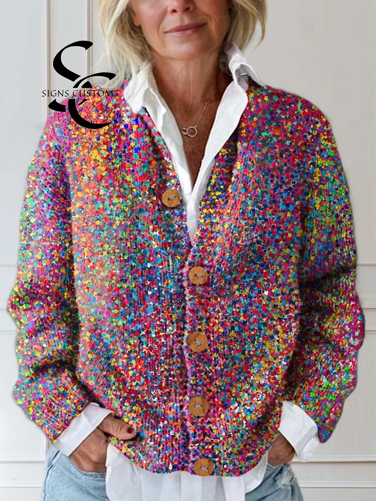 Women's Abstract Pattern Art Print Buttoned Cardigan Sweater