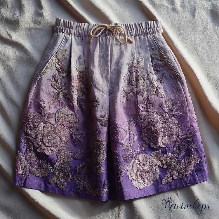 Vintage Purple Roses Embroidered Gradient Linen Shorts
