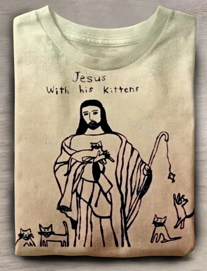 Teecade Teecade Jesus with His Kittens Art Print T-shirt