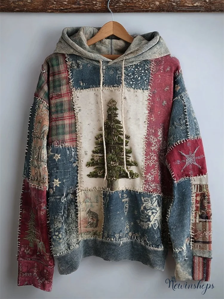 Vintage Christmas Tree Plaid Colorblock Patchwork Hoodie