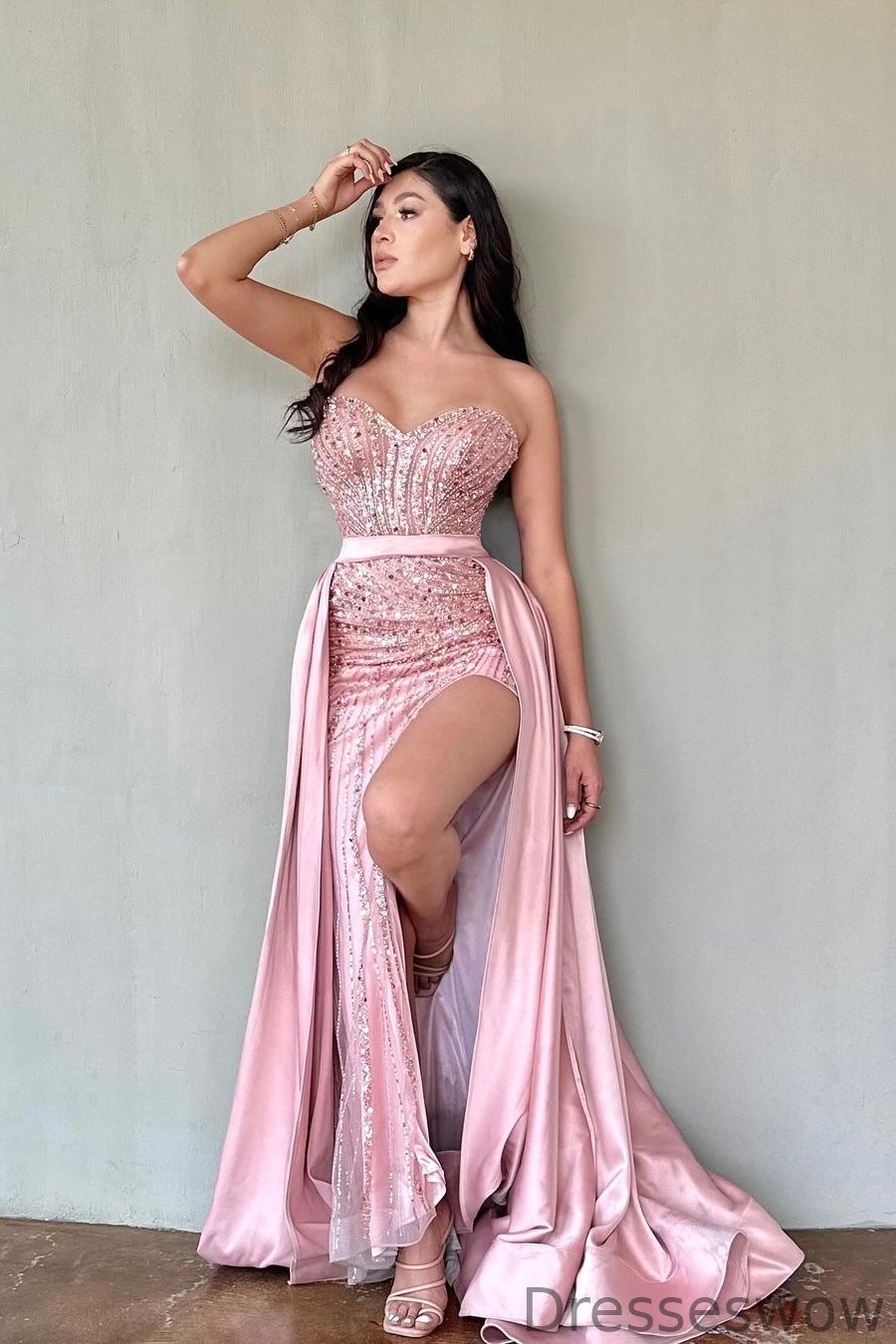 Dresseswow Pink Sweetheart Sleeveless Mermaid Formal Dress With Split Beadings Detachable Skirt