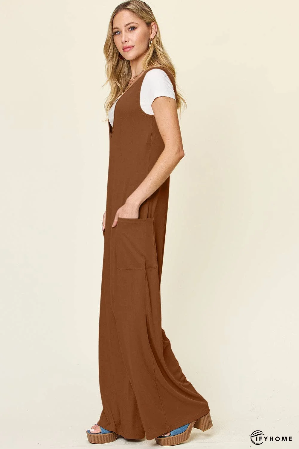 Double Take Full Size Sleeveless Wide Leg Jumpsuit with Pockets | IFYHOME