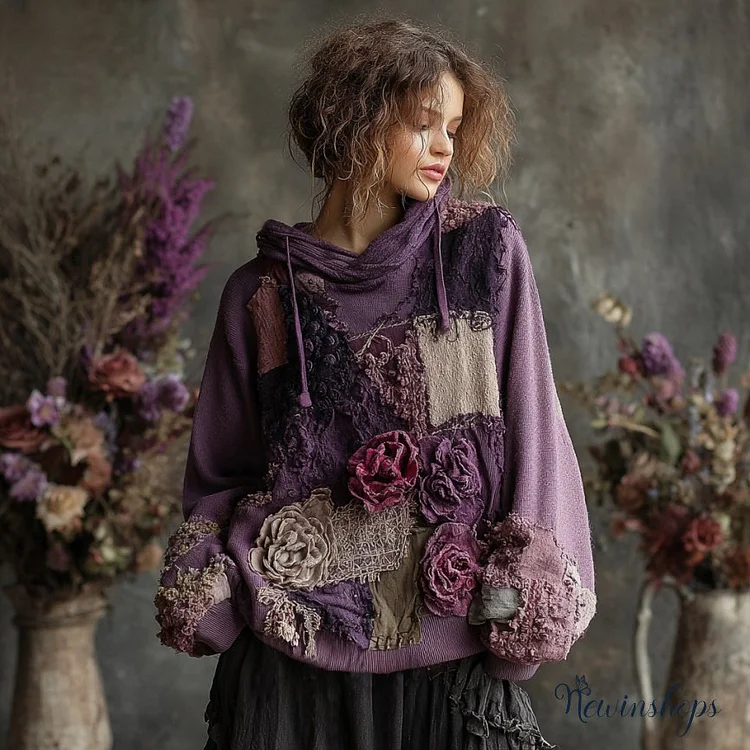 Women's Vintage Floral Patchwork Art Casual Hoodie