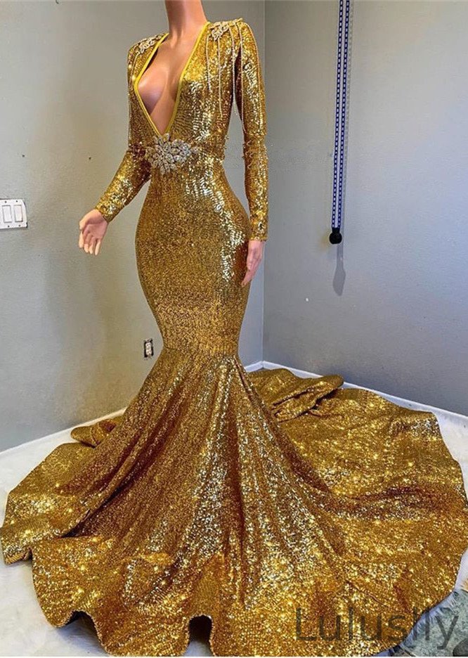 Luluslly Gold Sequins Long Sleeves Prom Dress Mermaid Deep V-Neck