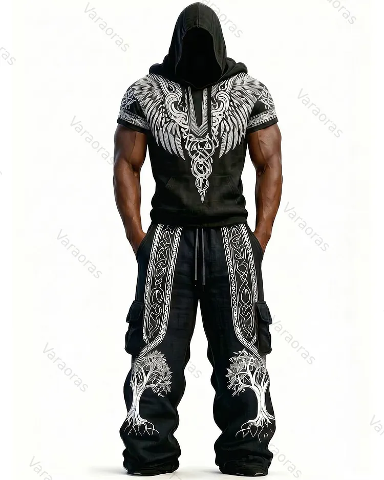 Men's Fashion Viking Contrast Color Embroidered Hoodie & Pants Two-Piece Set 4017