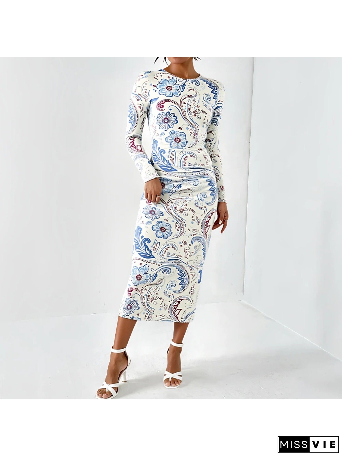 Womens Elegant Paisley Print Maxi Dress Long Sleeve A