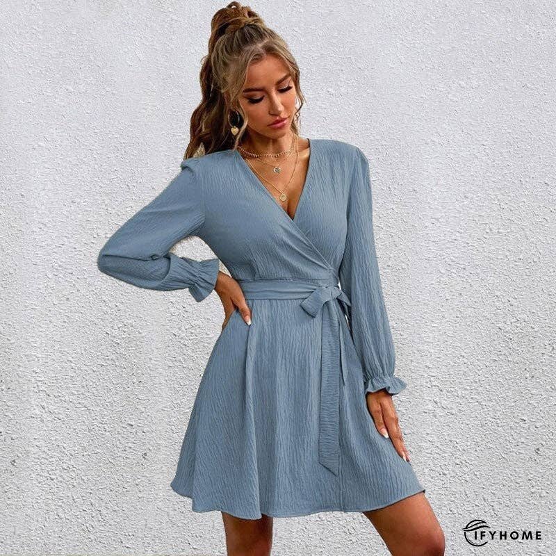 V-Neck Long Sleeves Solid Color Waist Tied Mini Dress | IFYHOME