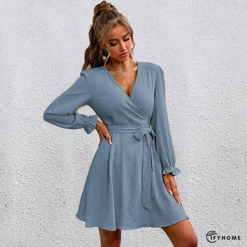 V-Neck Long Sleeves Solid Color Waist Tied Mini Dress | IFYHOME