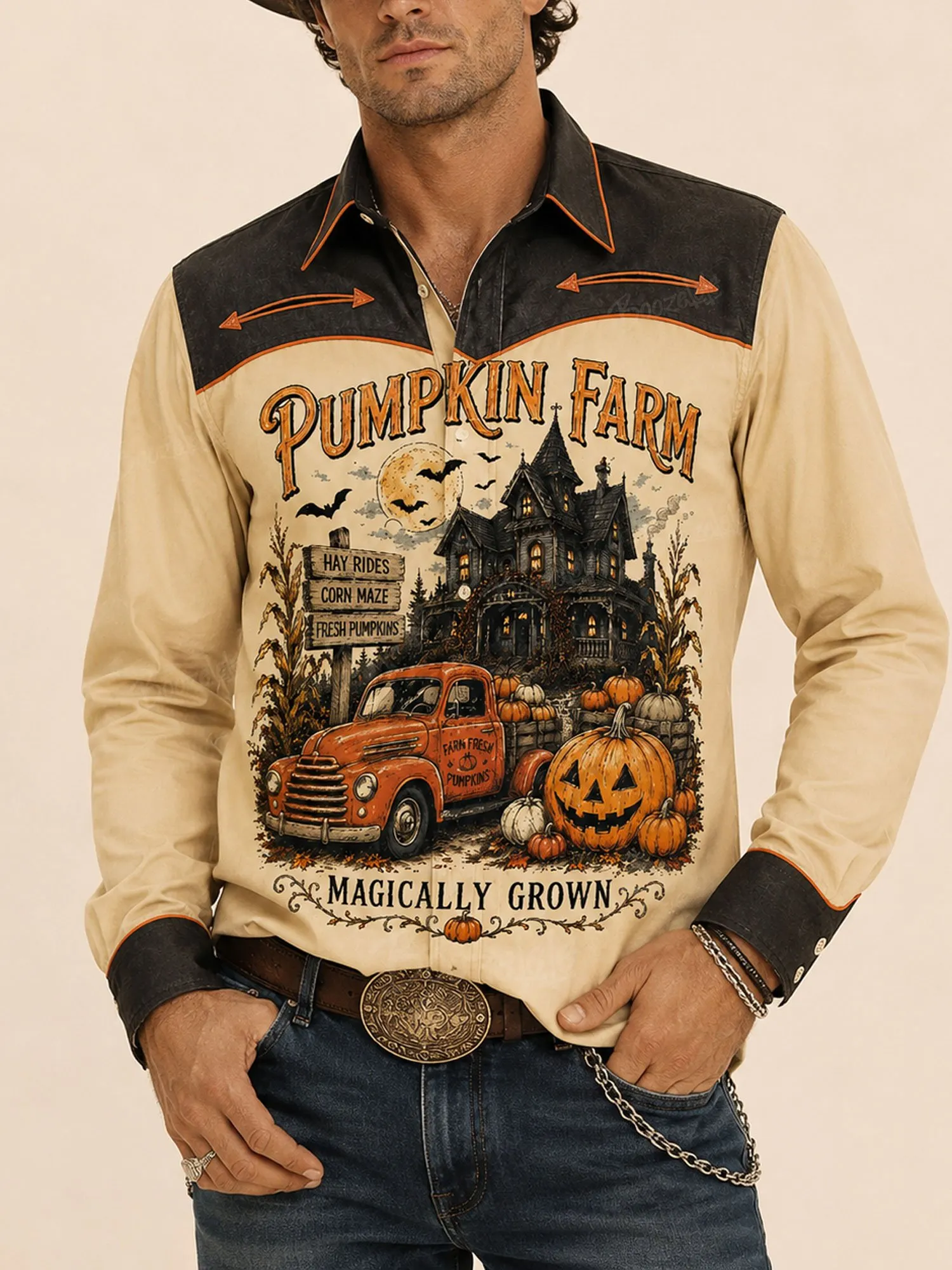 Outdoor Country Party, Khaki, Vintage Pumpkin Print, Western Style Men's Long Sleeve Shirt-100% Cotton