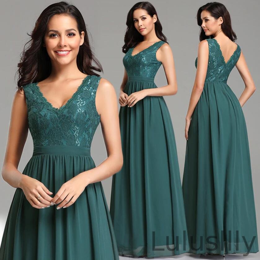 Glamorous V-Neck Sleeveless Lace Long Chiffon Evening Gowns - lulusllly