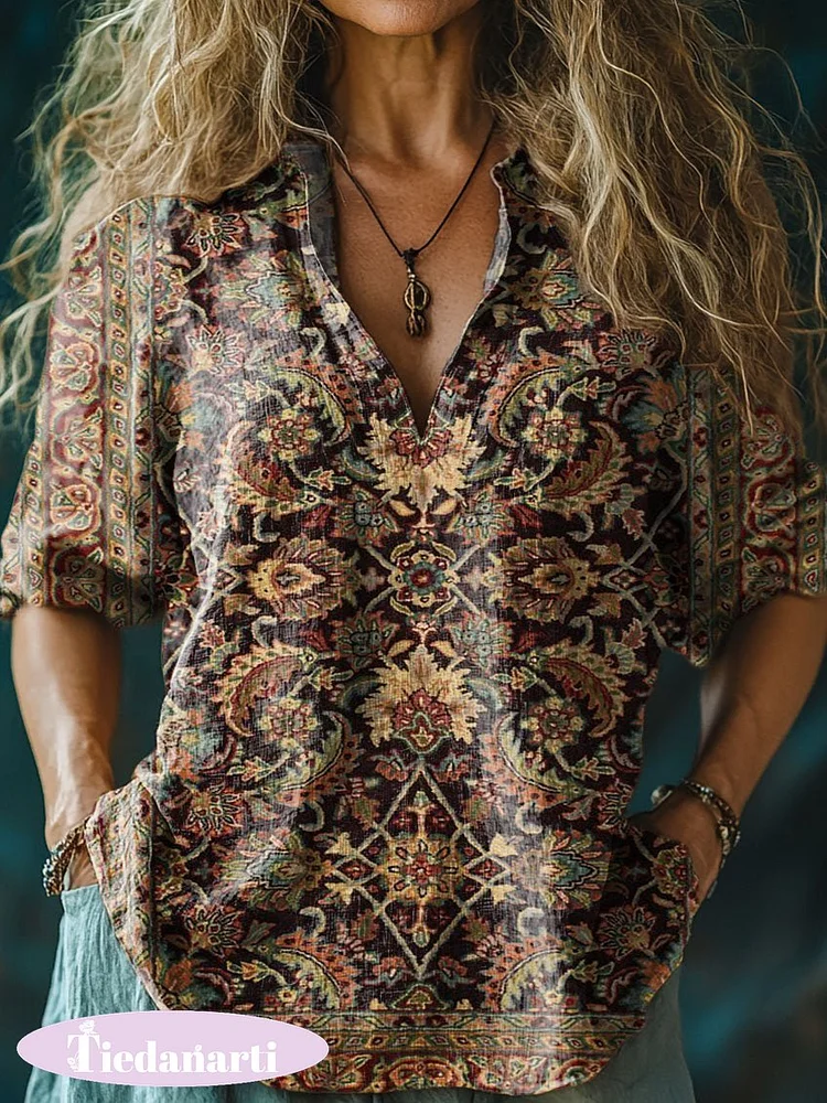 Women's Retro Bohemia Style Print Casual Linen V-neck Shirt
