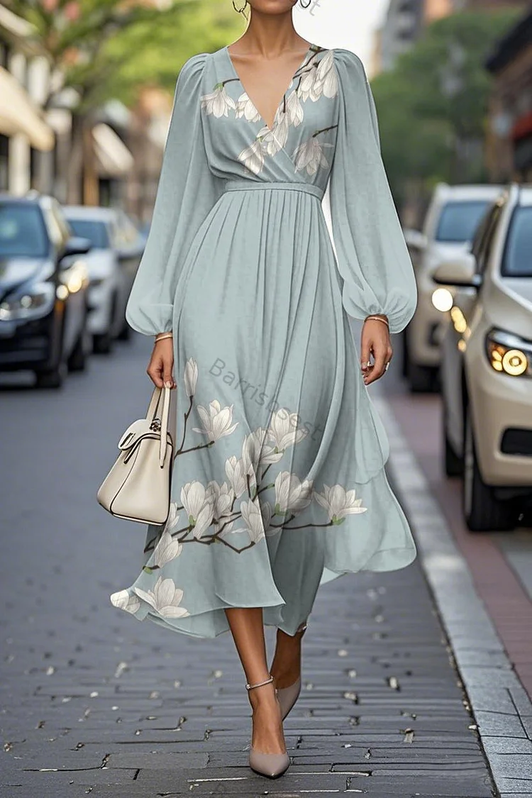 Elegant Floral Print Lantern Sleeve V-Neck A-Line Midi Chiffon Dress