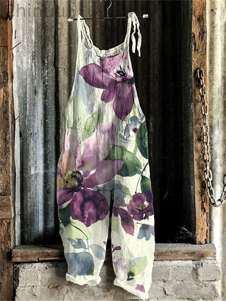 Watercolor Floral Print Cozy Cotton Linen Jumpsuit