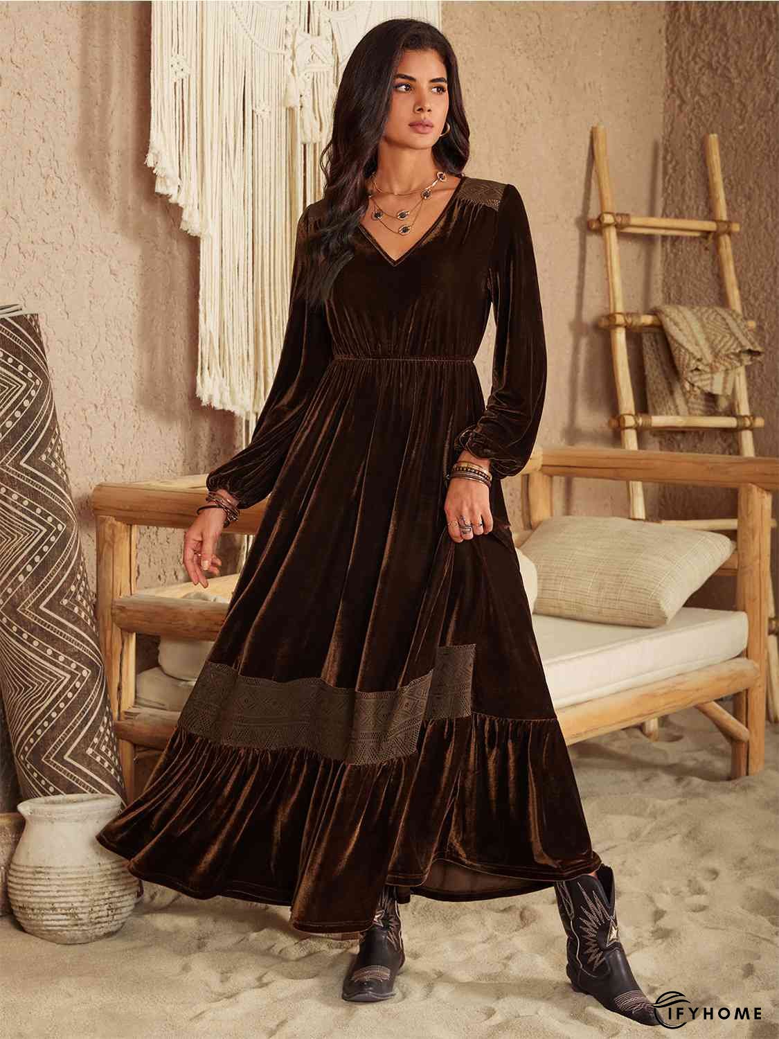 Ruffled V-Neck Long Sleeve Dress | IFYHOME