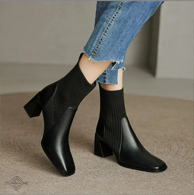 Stunahome Women's Square Toe Knit Ankle Boots  Stunahome.com