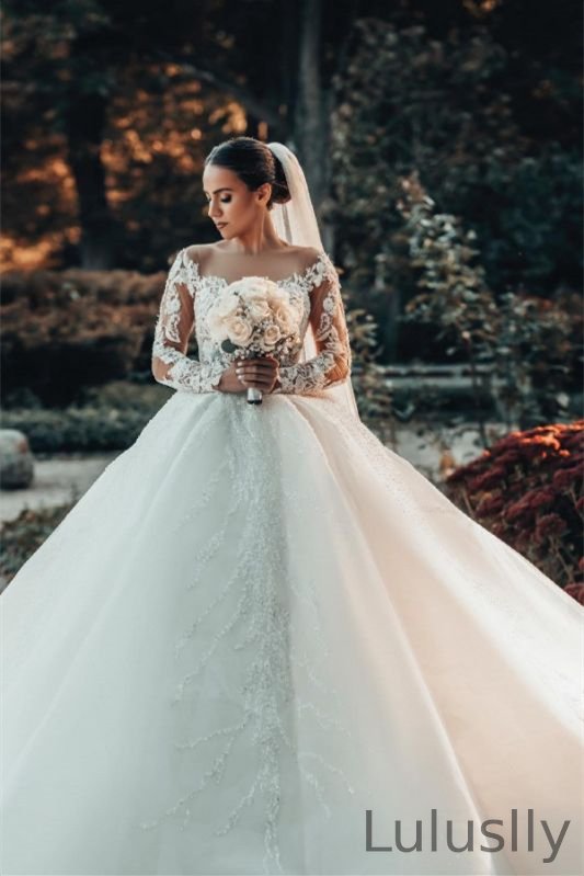 Luluslly Off-the-Shoulder Ball Gown Lace Wedding Dress On Sale