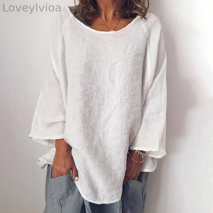 Vintage Plain Round Neck Linen Cotton Comfy Shirt