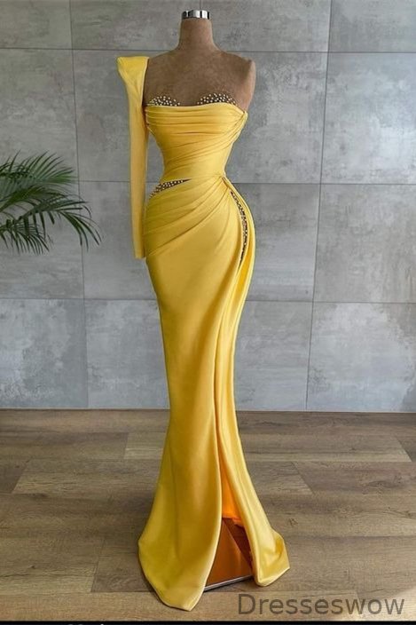 Dresseswow Yellow Sweetheart Mermaid Prom Dress Split With Beads