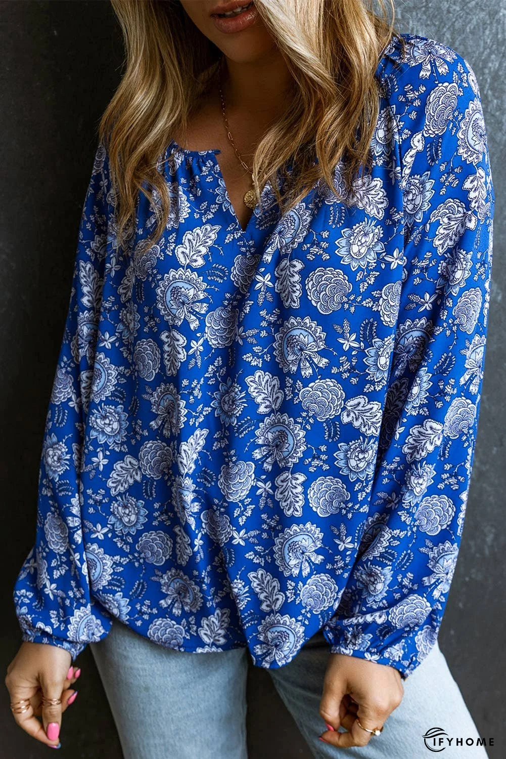 Floral Notched V-Neck Long Sleeve Blouse | IFYHOME