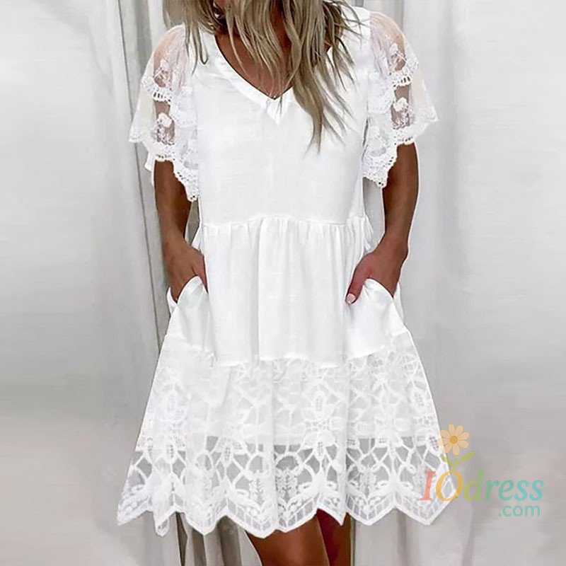 IO Dress White Lace Patchwork Dress For Women Summer 2025 Casual V-neck Short Sleeved A-line Dress Fashion Boho Beach Dresses