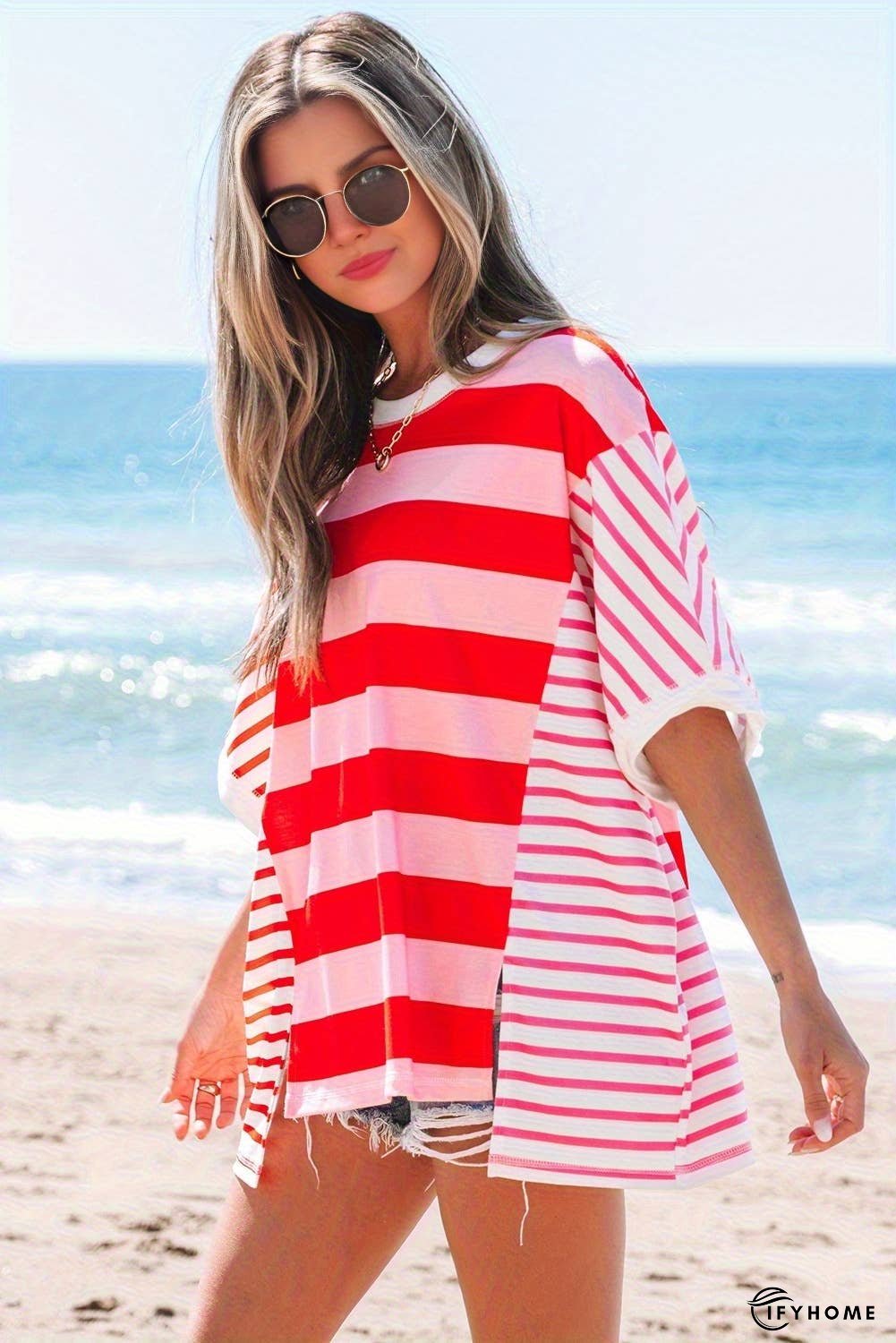 Stripe Patchwork Round Neck Side Split Loose T Shirt | IFYHOME