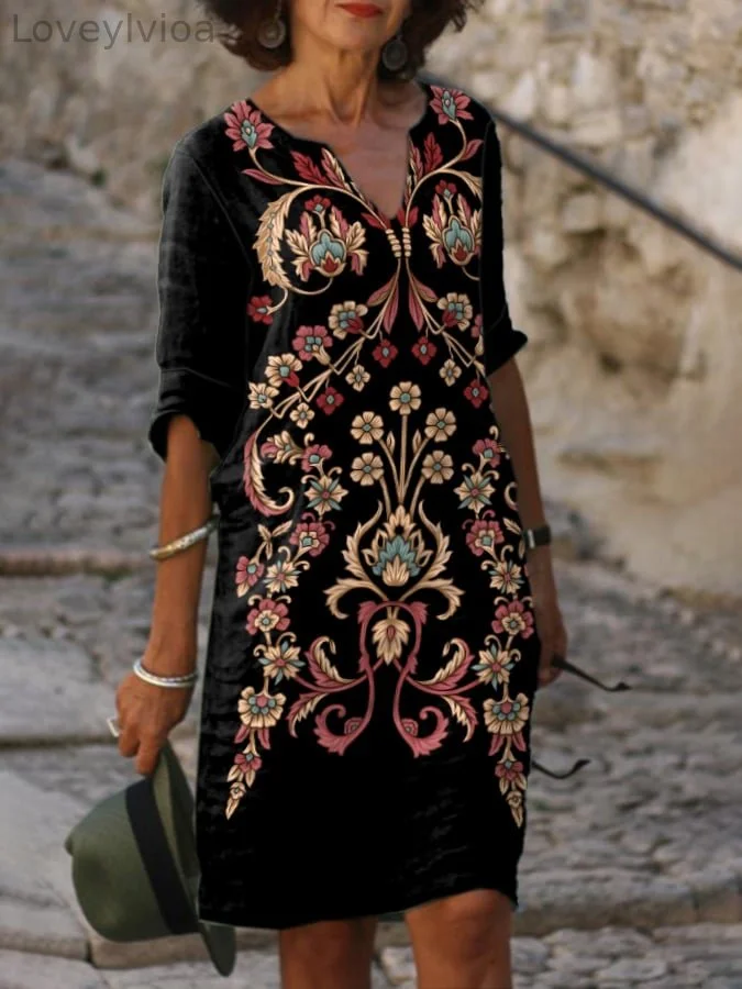 Women'S Vintage Ethnic Print V-Neck Dress
