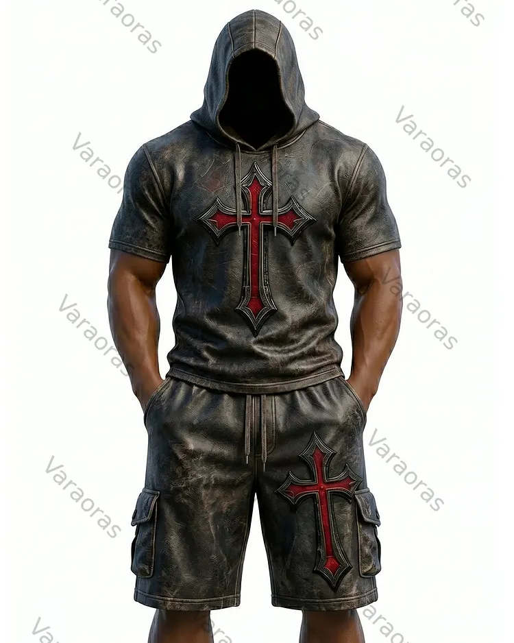 Men's Viking Contrast Color Cross Embroidered Short-Sleeve Hoodie & Shorts Two-Piece Set 5461