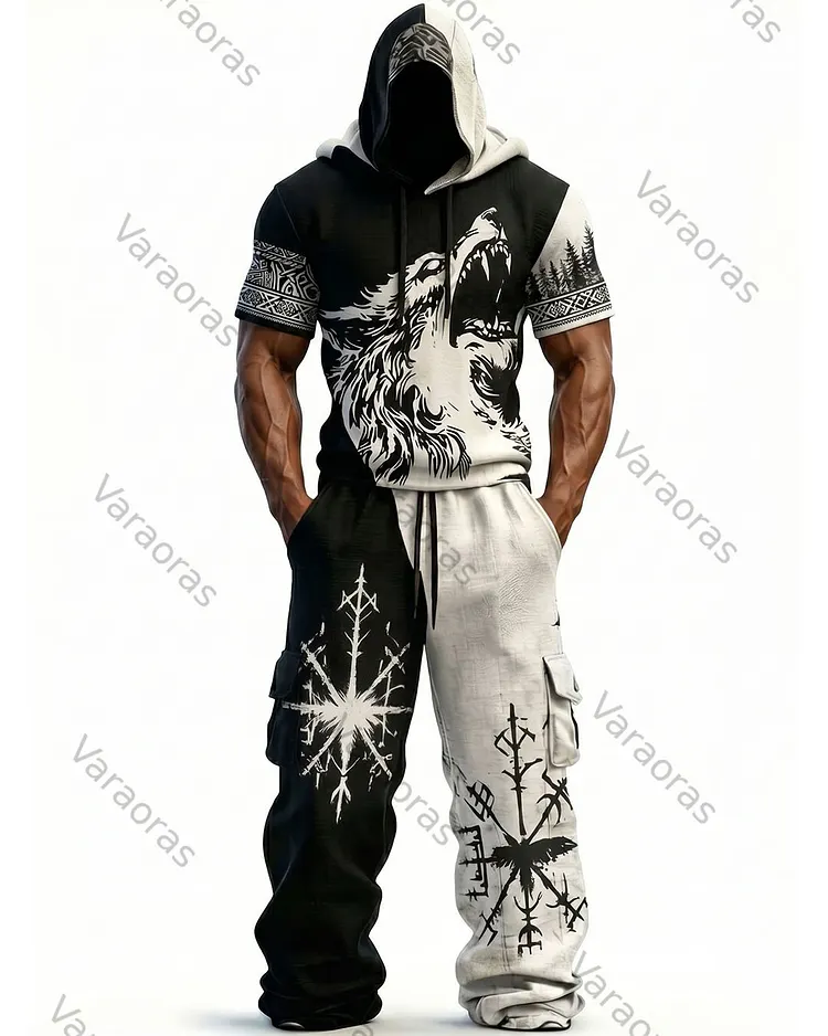 Men's Fashion Viking Contrast Color Embroidered Hoodie & Pants Two-Piece Set 8377