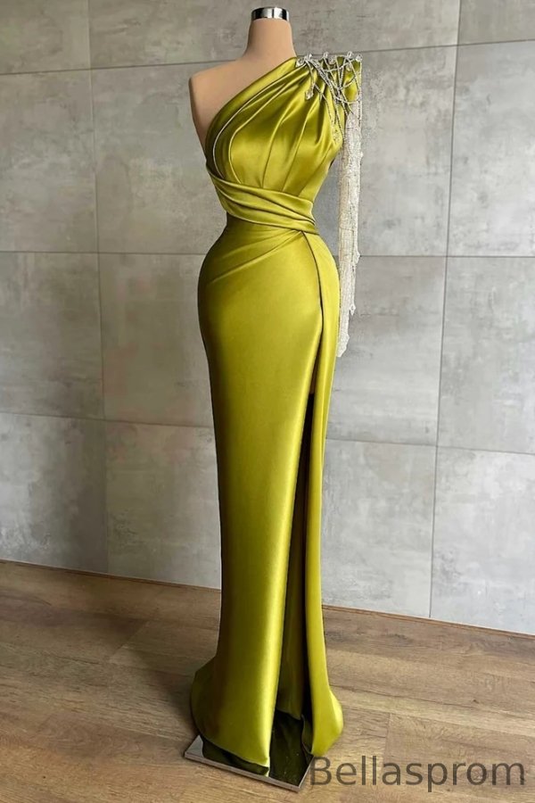 Bellasprom Olive Green One Shoulder Long Sleeves Prom Dresses Mermaid Long Bellasprom